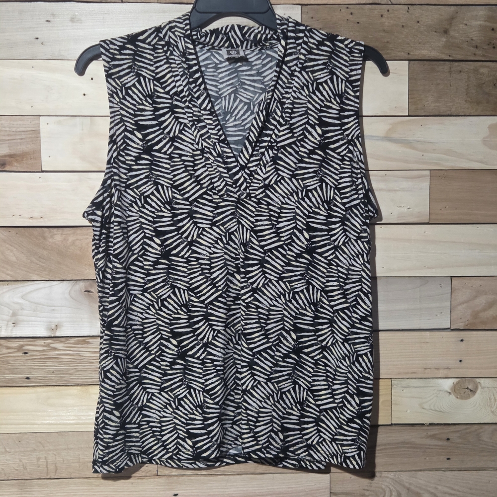 Anne Klein Monochrome Black White Abstract Print Sleeveless Blouse Womens Casual